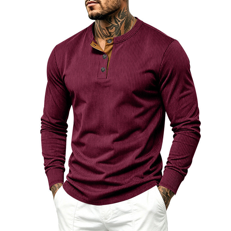 Herren Geripptes Henley-Langarmshirt aus Feinstrick mit Stehkragen und Knopfleiste Shop Nory
