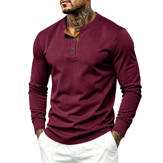 Herren Geripptes Henley-Langarmshirt aus Feinstrick mit Stehkragen und Knopfleiste Shop Nory