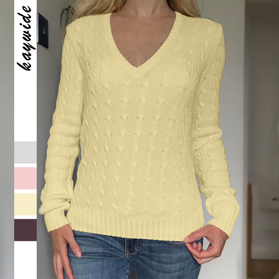 Damen nan Premium-Baumwollmix Zopfstrickpullover mit tiefem V-Ausschnitt und taillierter Silhouette Shop Nory
