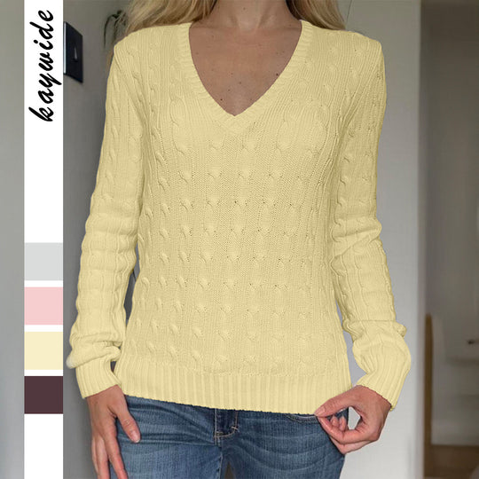 Damen nan Premium-Baumwollmix Zopfstrickpullover mit tiefem V-Ausschnitt und taillierter Silhouette Shop Nory