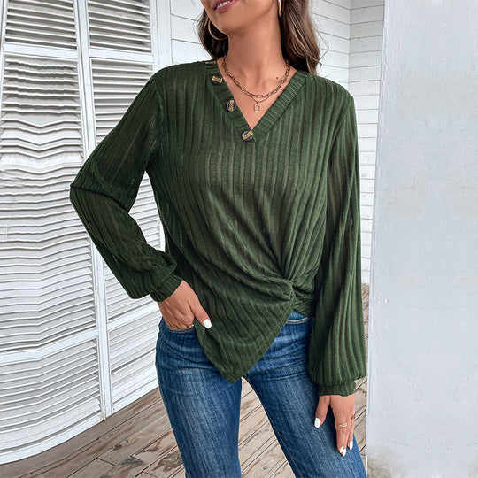 Damen Geripptes V-Ausschnitt Langarmshirt mit Twist-Knoten und Zierknöpfen Shop Nory