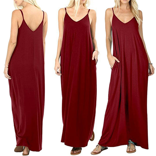 Damen Maxikleid mit spaghettiträgern und praktischen seitlichen Taschen