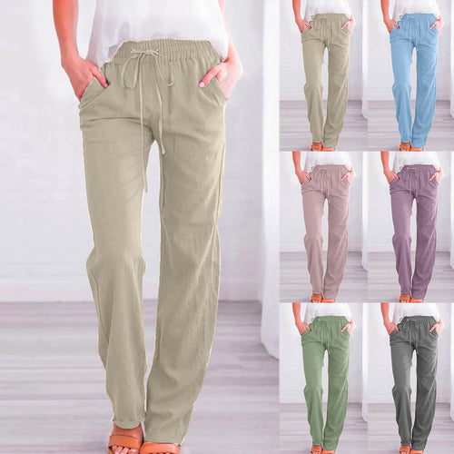 Damen Bequeme Leinen-Hose mit elastischem Bund und Taschen