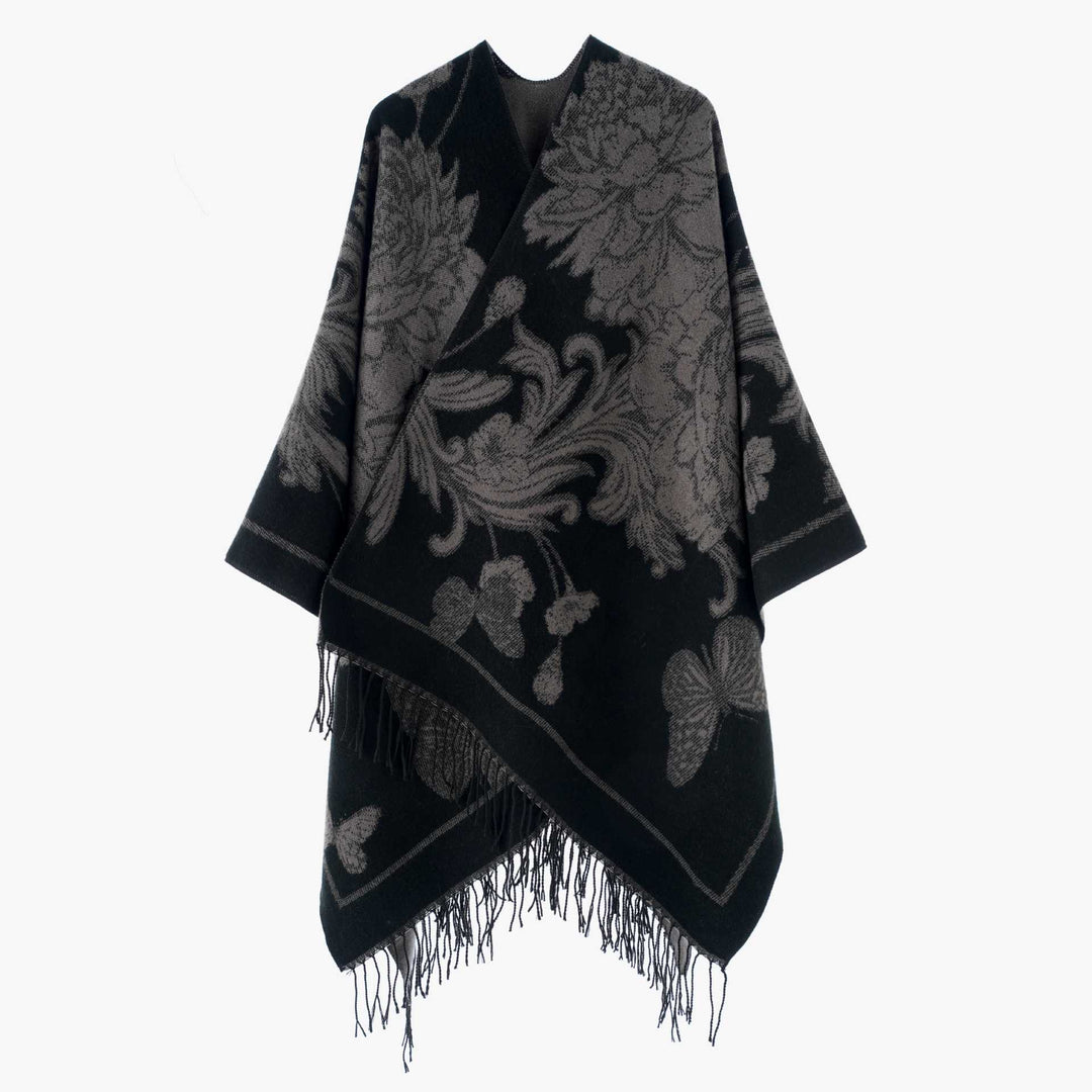 Damen Wendbarer Strickcape-Poncho mit Fransen und kontrastierenden Streifen Shop Nory