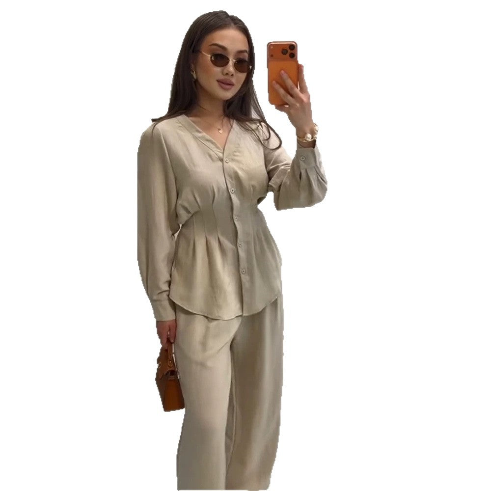 Damen V-Ausschnitt Blusen- und Culotte-Set mit Taillenfalten und weiten Beinen Shop Nory