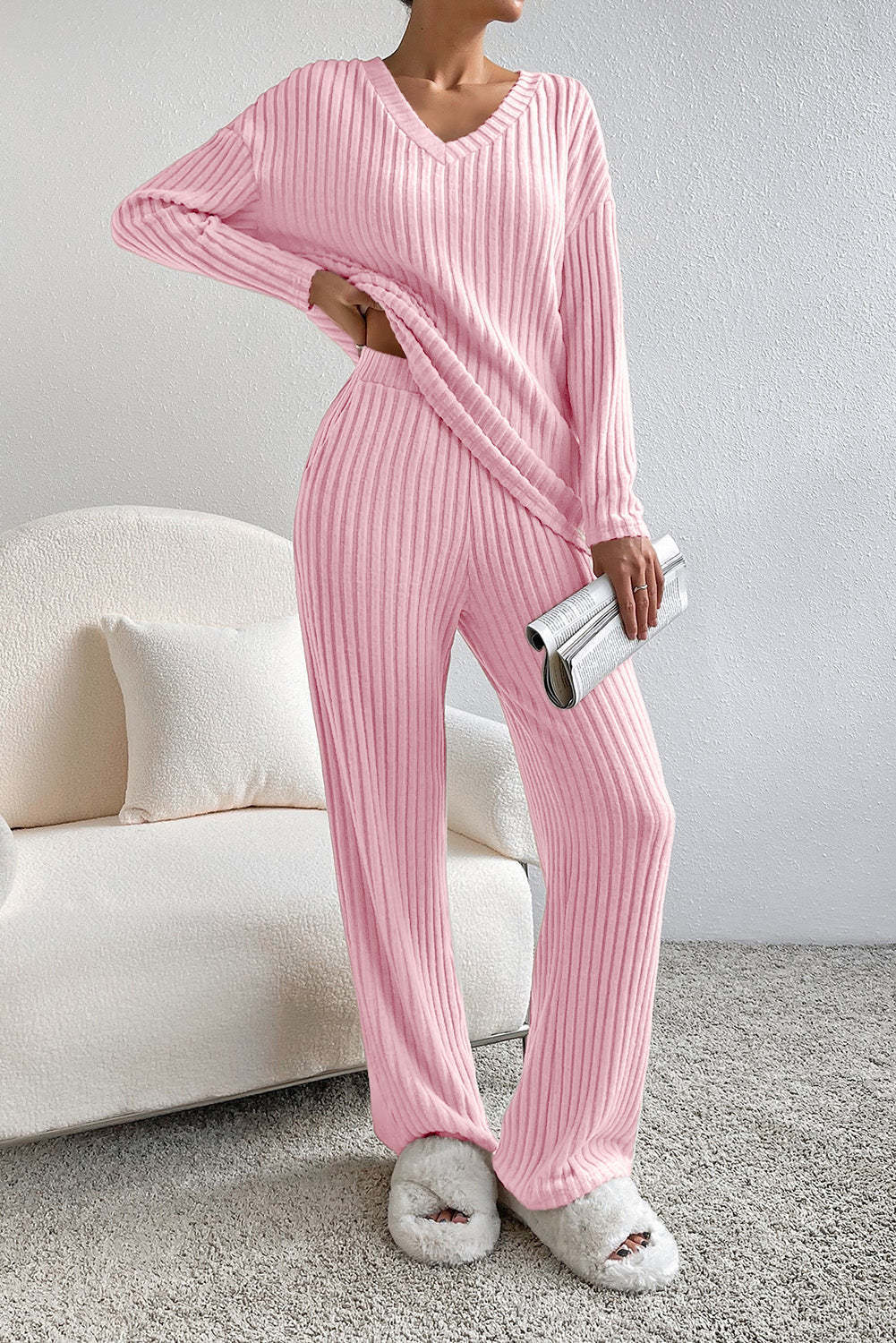Damen komfortabler Ripp-Strickanzug mit weitem Schnitt