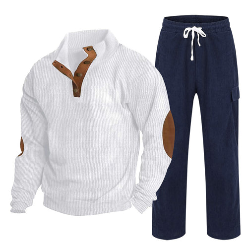 Herren Gemütliches Freizeit-Set aus Waffelstrick-Henley mit Ellenbogenpatch und Relax-Cargo-Hose Shop Nory