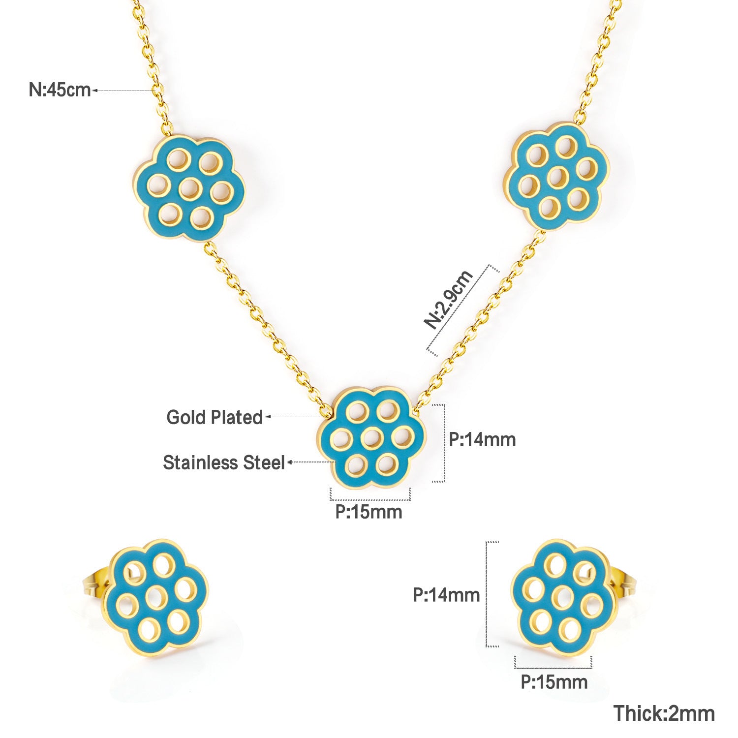 Damen Schmuckset mit floralen Anhängern aus goldplattiertem Edelstahl Shop Nory