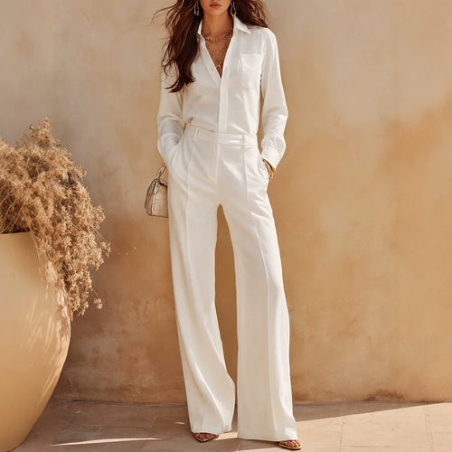 Damen Zweiteiliges Business-Hosenanzug-Set mit Hemdbluse und weiter Bundfaltenhose Shop Nory