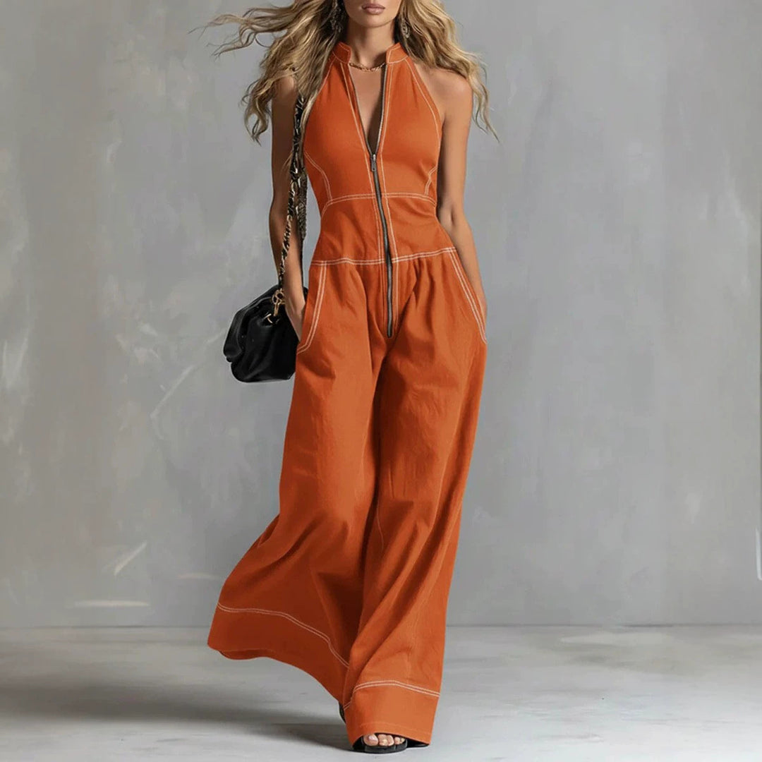 Damen Ärmelloser Halter-Jumpsuit mit Reißverschluss, weitem Bein und Eingrifftaschen Shop Nory