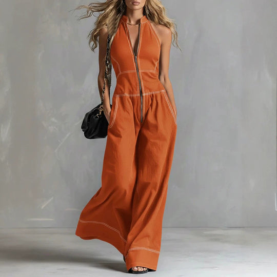 Damen Ärmelloser Halter-Jumpsuit mit Reißverschluss, weitem Bein und Eingrifftaschen Shop Nory