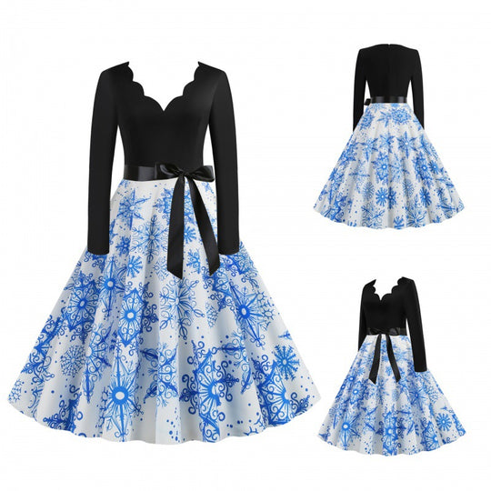 Damen Festliches Tellerrockkleid mit geschwungener Ausschnittkante, langen Ärmeln und Satin-Taillengürtel Shop Nory
