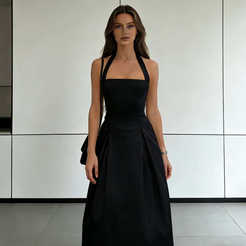 Damen Elegantes Midikleid mit tiefem V-Ausschnitt und stilvollem Faltenrock