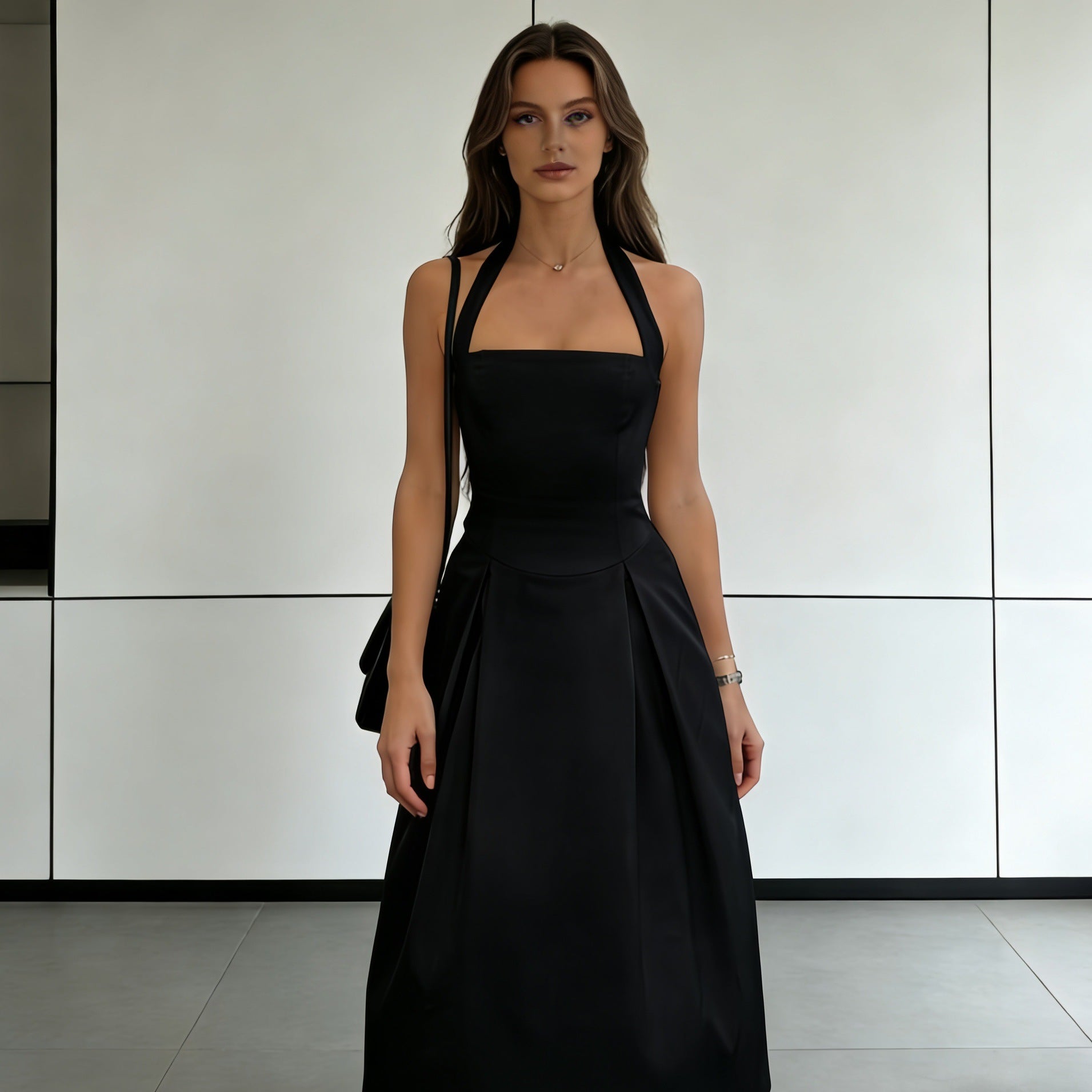 Damen Elegantes Midikleid mit tiefem V-Ausschnitt und stilvollem Faltenrock