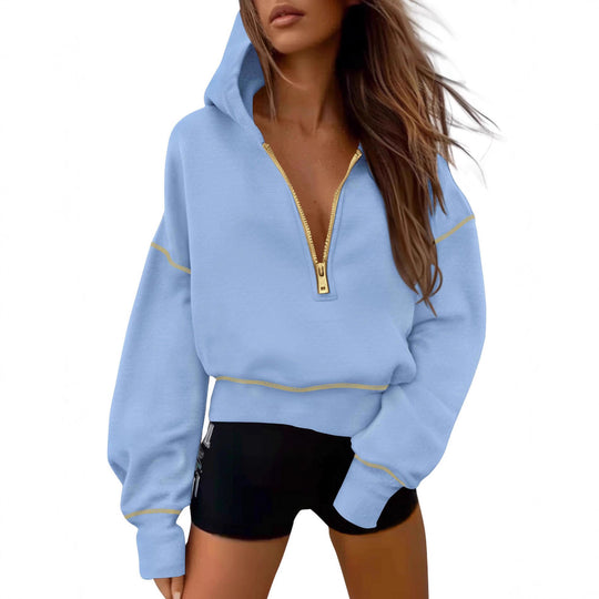 Damen nan cropped Kapuzenpullover mit halbem Reißverschluss und voluminösen Ballonärmeln Shop Nory