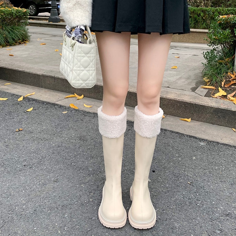 Damen Kniehohe Stiefel mit Teddyfutter-Bündchen und geformter Plateau-Sohle Shop Nory