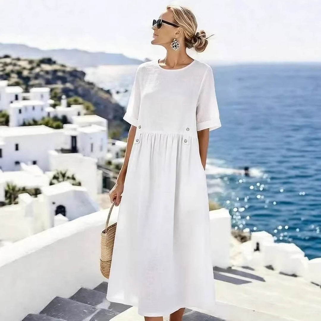 Damen Langes Leinenoptik-Sommerkleid mit geraffter Taillenpartie und Eingrifftaschen Shop Nory