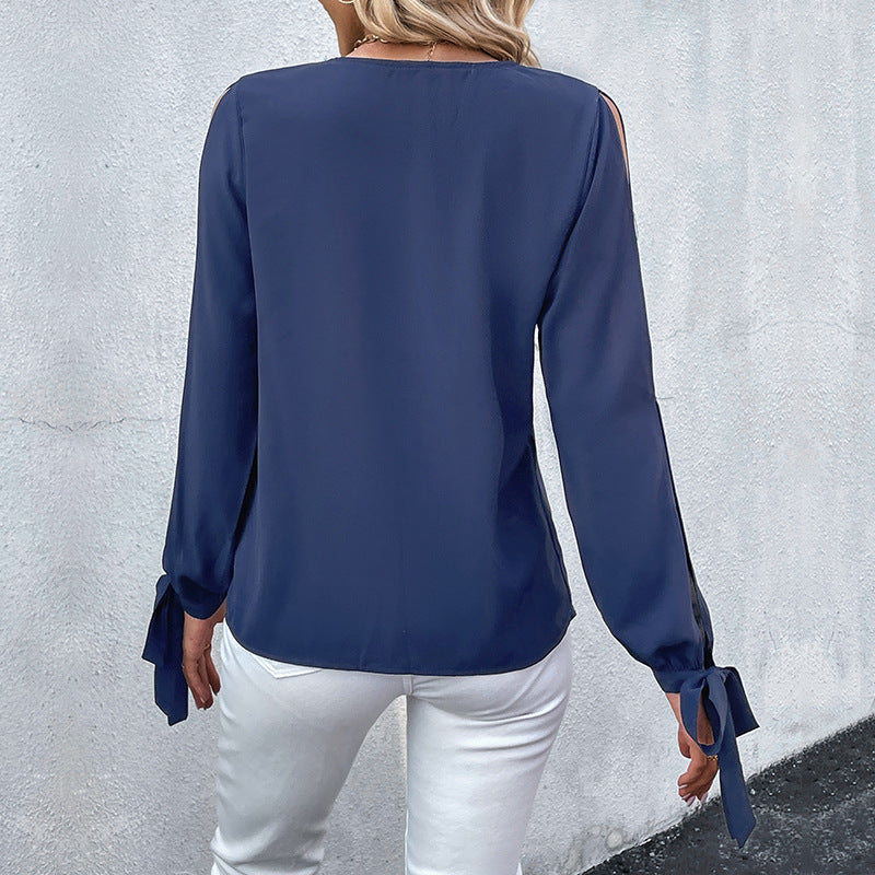 Damen Viskose‑Look Bluse mit V‑Ausschnitt, Spitzenbesatz und Cut‑Out‑Ärmeln Shop Nory