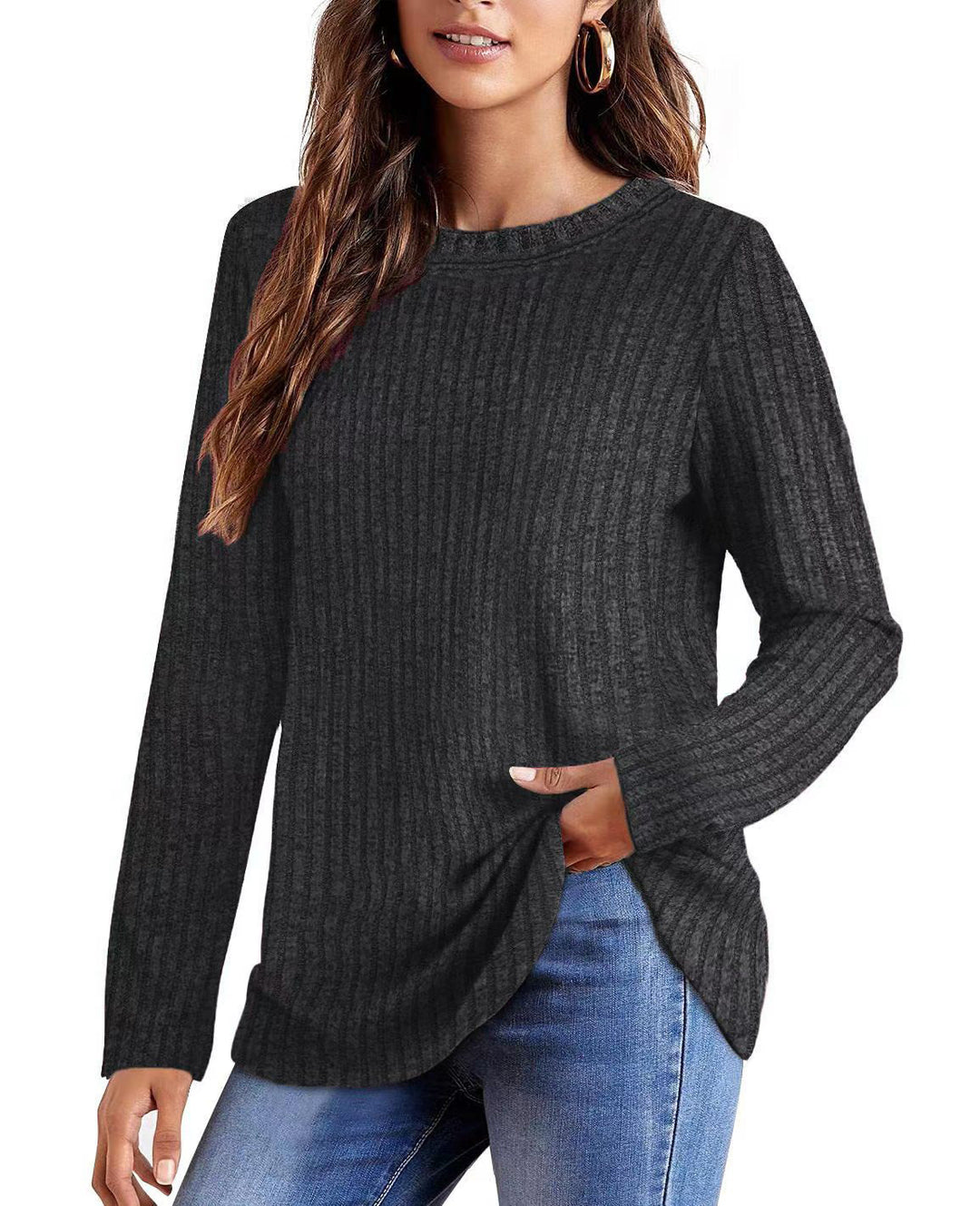 Damen Geripptes Feinstrick-Longsleeve mit Rundhalsausschnitt und asymmetrischem Saum Shop Nory