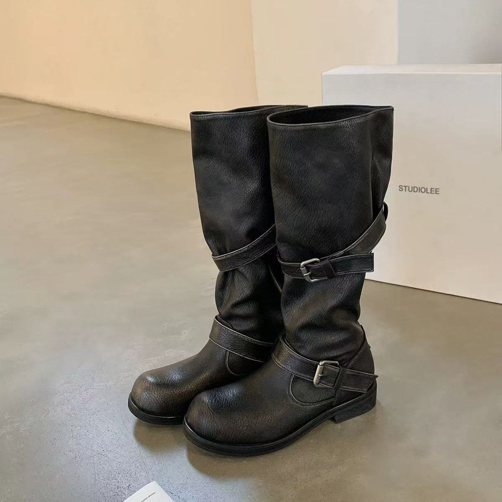 Damen modische kniehohe Stiefel mit dekorativen Riemen und robustem Blockabsatz Shopnory