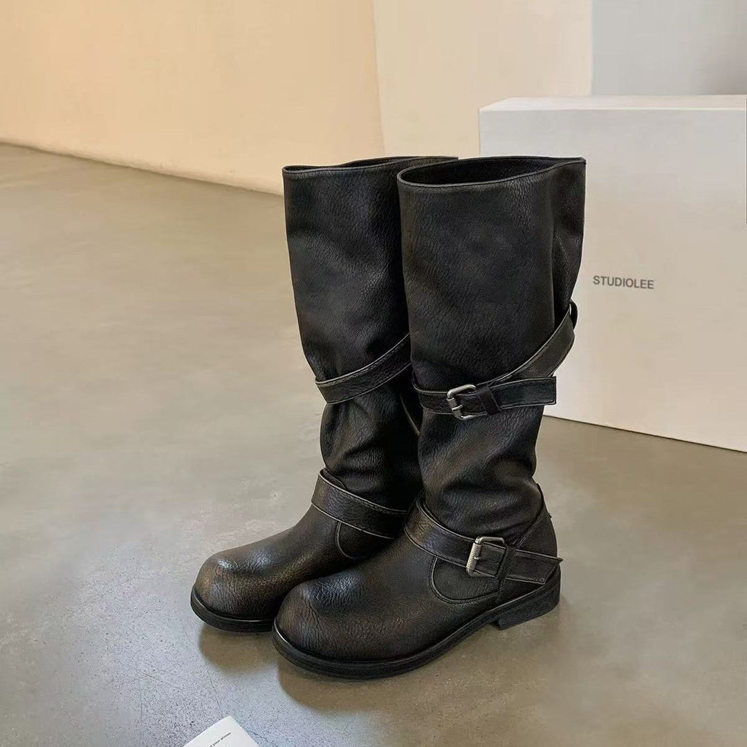 Damen modische kniehohe Stiefel mit dekorativen Riemen und robustem Blockabsatz Shopnory