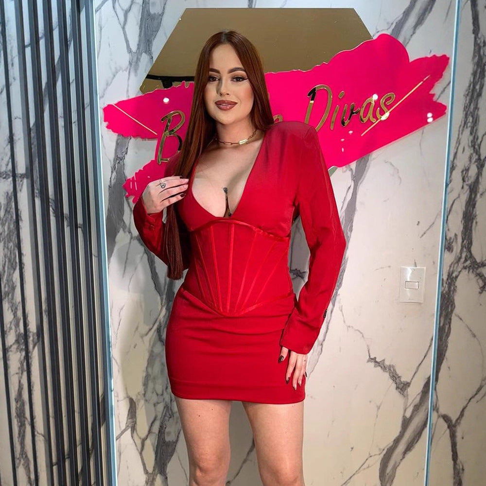 Damen Figurbetontes Minikleid mit integriertem Korsett und tiefem V‑Ausschnitt Shop Nory
