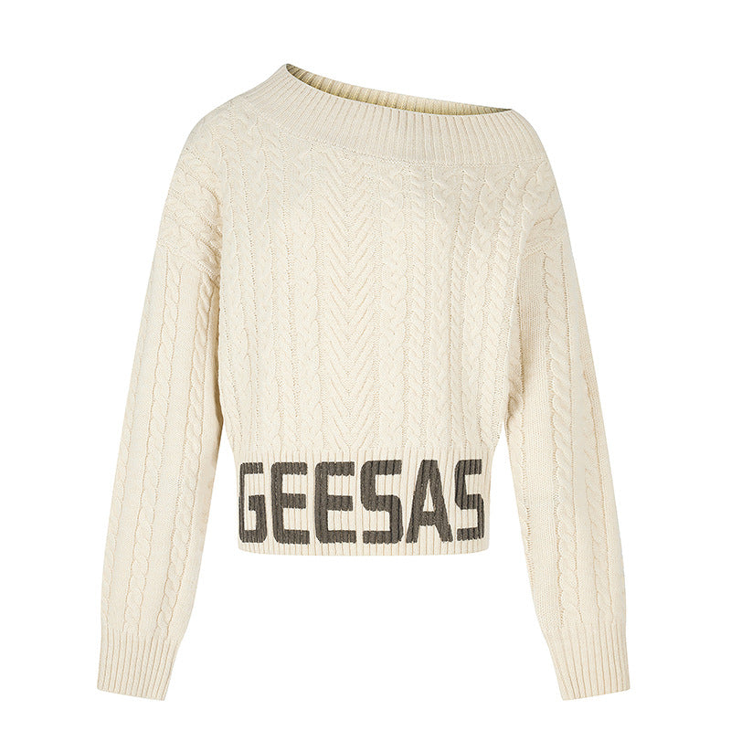 Damen Kurzer Zopfstrick-Pullover mit weitem Boat-Ausschnitt und markantem Logobund Shop Nory
