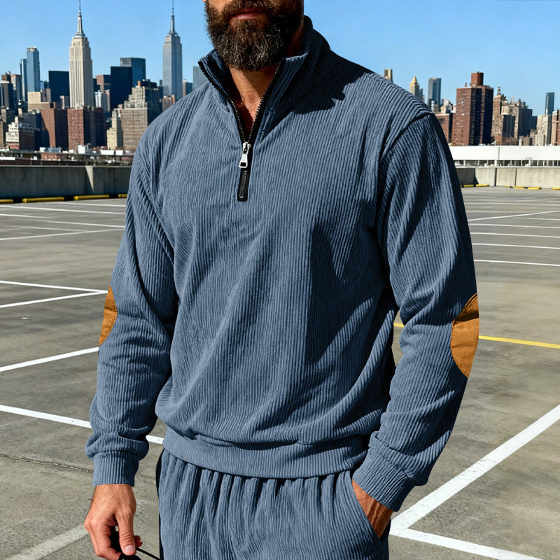 Herren Cord-Struktur-Halbzip-Pullover im Relaxed-Fit mit Stehkragen und Ellbogen-Patch Shop Nory