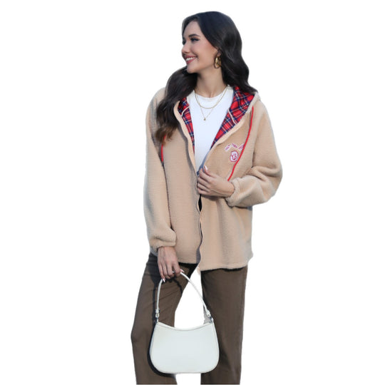 Damen Teddy-Fleece Kapuzenjacke mit Karo-Futter und Reißverschluss Shop Nory