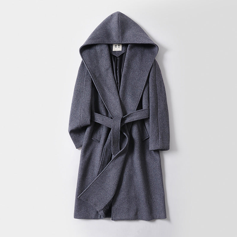 Damen Maxilanger Kapuzenmantel aus Wollmix mit Bindegürtel und weichem Innenfutter Shop Nory