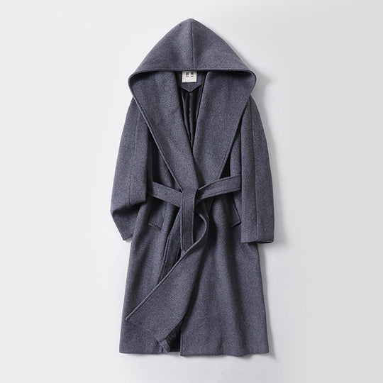 Damen Maxilanger Kapuzenmantel aus Wollmix mit Bindegürtel und weichem Innenfutter Shop Nory