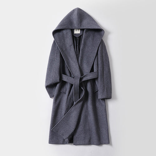 Damen Maxilanger Kapuzenmantel aus Wollmix mit Bindegürtel und weichem Innenfutter Shop Nory