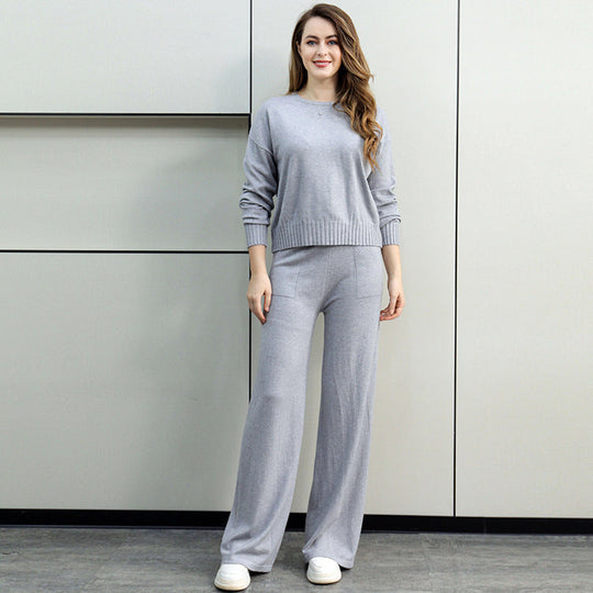 Damen gemütliches Strick-Loungewear-Set mit weitem Schnitt und praktischen Taschen Shopnory