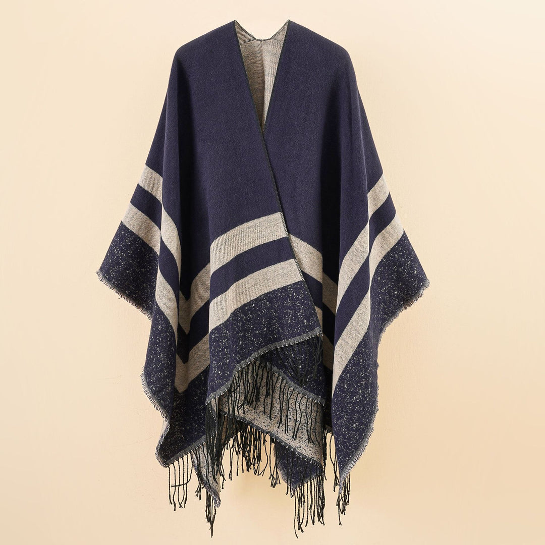 Damen Oversize-Ruana aus Wollmix mit kontrastierten Querstreifen und Fransensaum Shop Nory