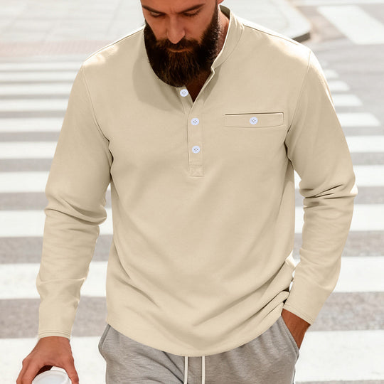 Herren Lässiges Henley-Langarmshirt mit Stehkragen, Brusttasche und abgerundetem Saum Shop Nory