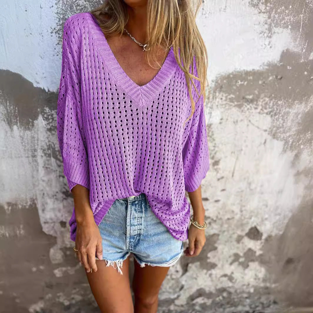 Damen nan luftig gestrickter V-Ausschnitt Pullover im Oversize-Schnitt Shop Nory