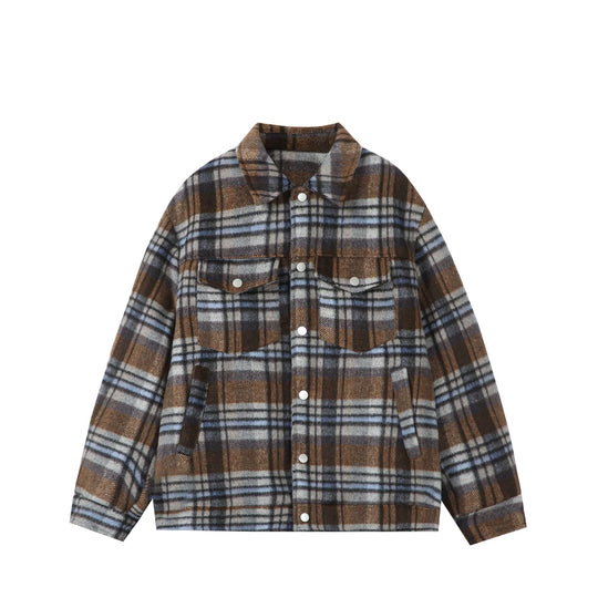 Damen Kurz geschnittene karierte Overshirt‑Jacke aus Wollmix mit Druckknopf‑Front und Pattentaschen Shop Nory