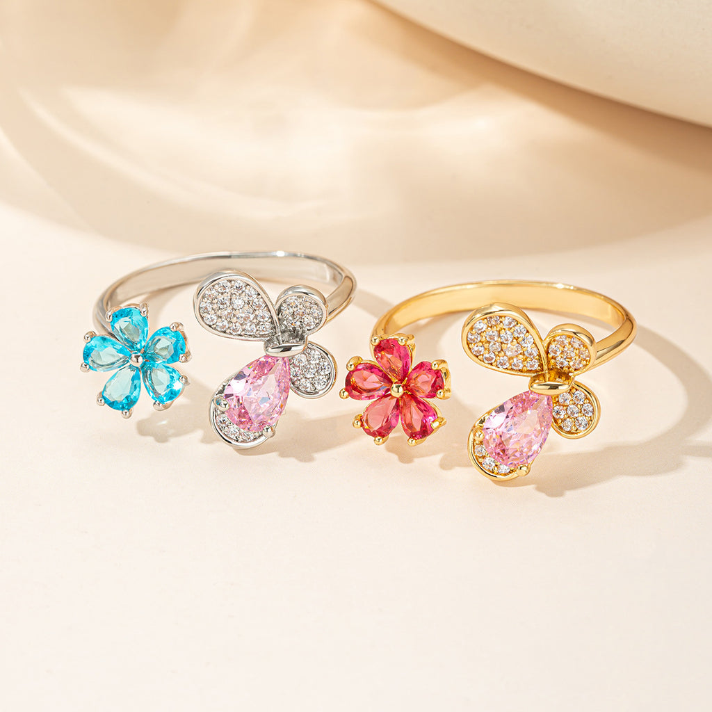 Damen eleganter und glitzernder Ring mit Schmetterlings- und Blumenmotiv Shop Nory