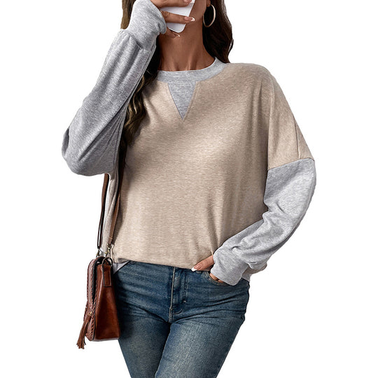 Damen Zweifarbiger Oversize-Langarmpullover mit Kontrastärmeln und V-Naht Shop Nory