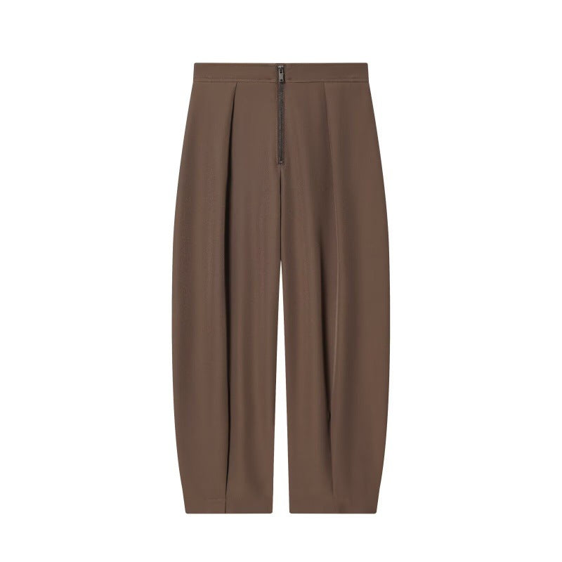 Damen weite Cropped-Hose mit hoher Taille, Kellerfalten und sichtbarem Frontreißverschluss Shop Nory