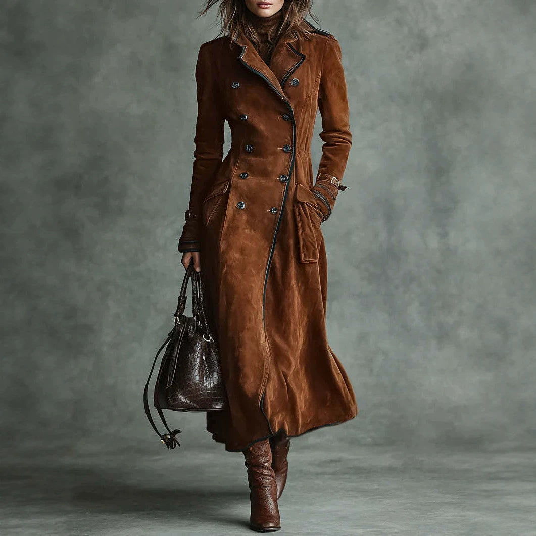 Damen Langer Taillierter Trenchcoat aus Veloursleder‑Optik mit doppelreihiger Knopfleiste und Schnallenmanschetten Shop Nory