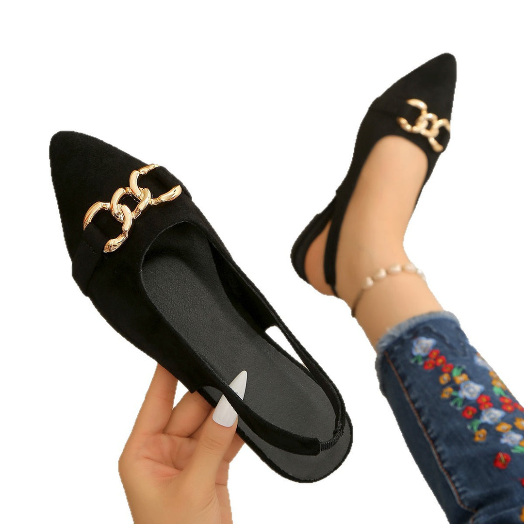 Damen Ballerinas mit Fersenriemen, spitzer Kappe und goldener Kettenverzierung Shop Nory