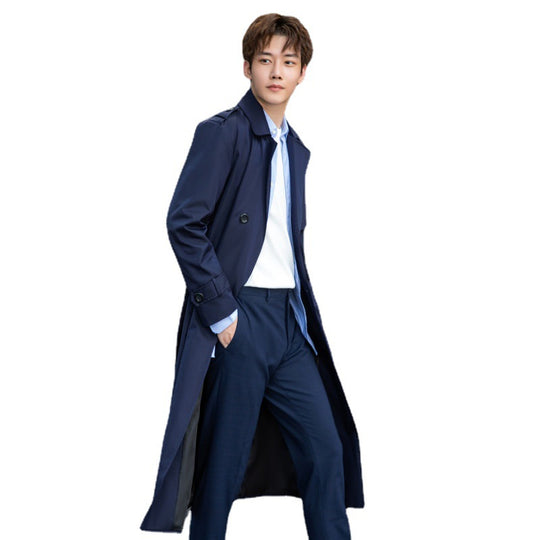 Herren langer doppelreihiger Trenchcoat mit Sturmklappe und D-Ring-Details Shop Nory