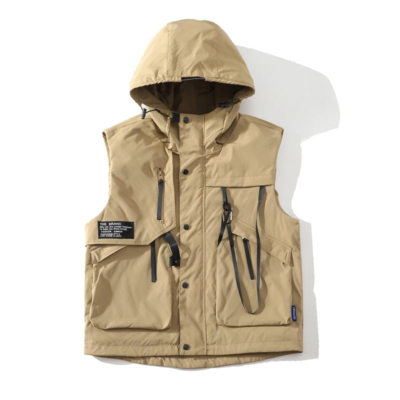 Herren funktionale Outdoor-Weste mit verstellbarem Kapuzendesign und vielseitigen Taschen Shopnory