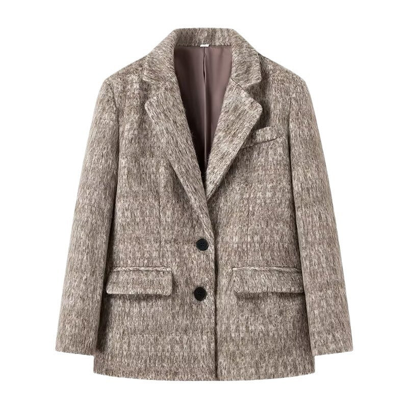 Damen Boxy Wollmix-Blazer-Mantel mit Bouclé‑Struktur, Reverskragen und Pattentaschen Shop Nory