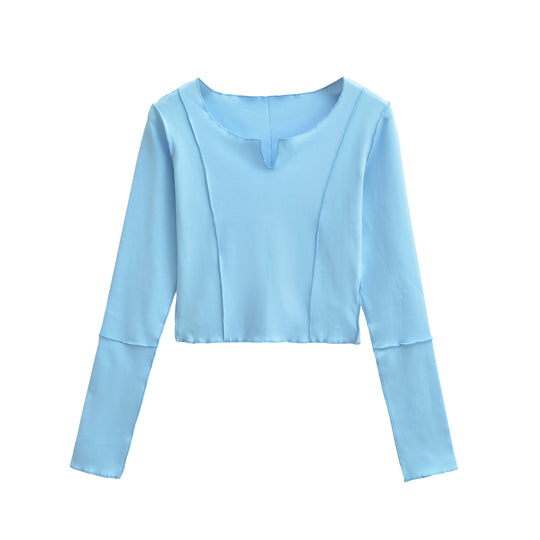 Damen Kurzes Langarmshirt mit sichtbaren Rollnähten und Notch-Ausschnitt Shop Nory
