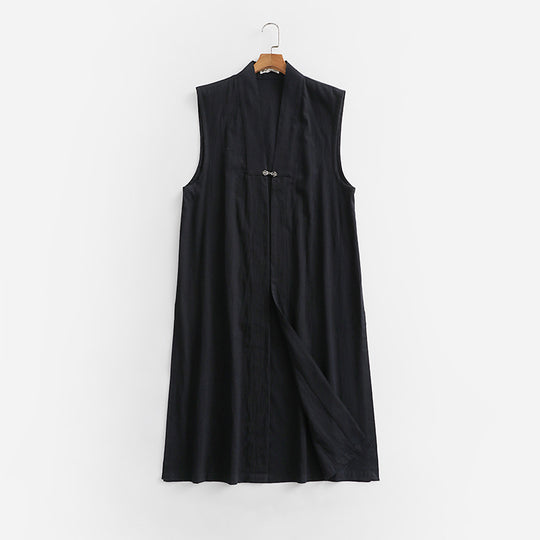 Damen Langer ärmelloser Kimono-Weste aus Leinenmix mit schmaler Schalkante und dekorativem Knebelverschluss Shop Nory