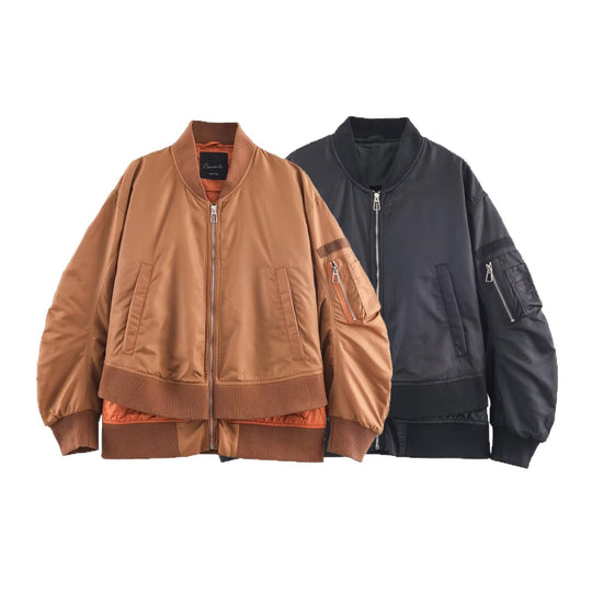 Damen Oversize-Bomberjacke mit wattierter Steppfütterung, Ärmel‑Reißverschlusstasche und breitem Rippbund Shop Nory