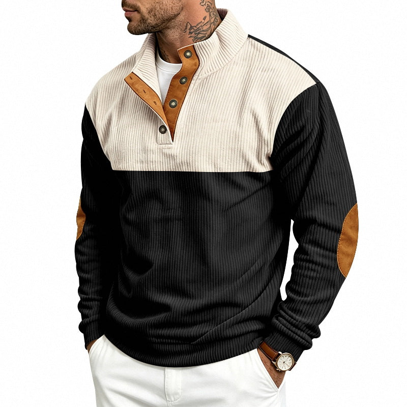 Herren Strukturierter Troyer-Pullover mit Stehkragen, Druckknopfleiste und Ellbogen‑Patches Shop Nory
