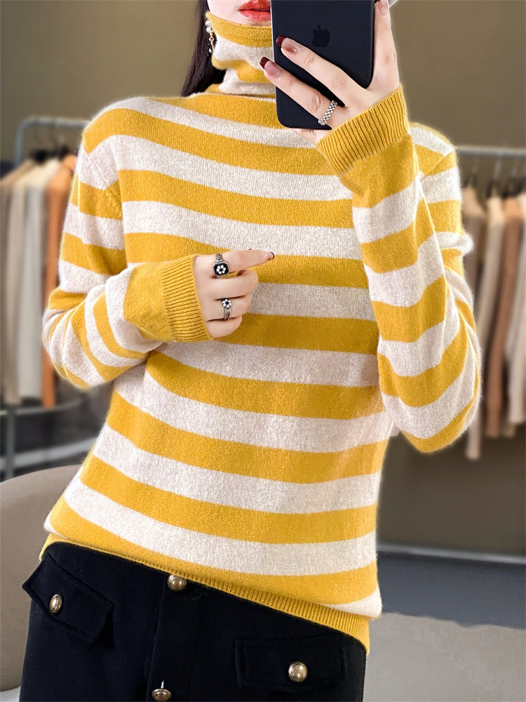 Damen Lässiger gestreifter Rollkragenpullover aus Wollmix mit legerer Passform Shop Nory
